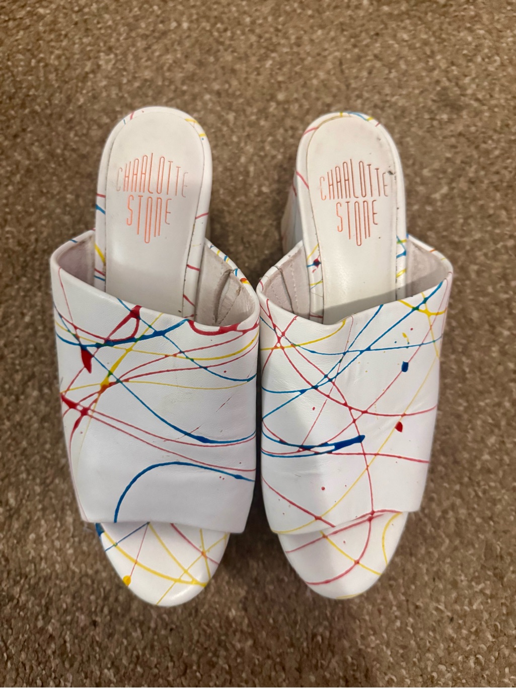 Charlotte Stone White Paint-Splatter Mule Sandals